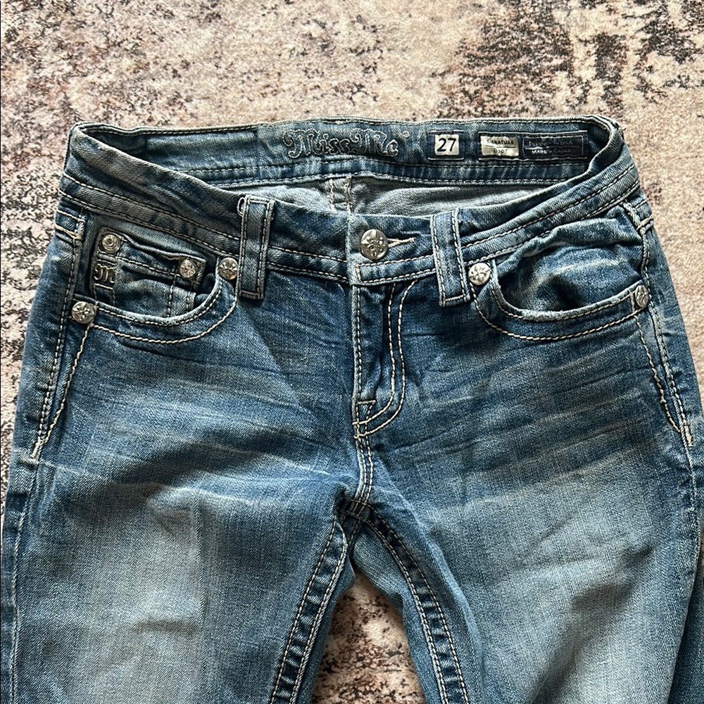 Miss Me Faded Blue Jeans with Contrast Stitching